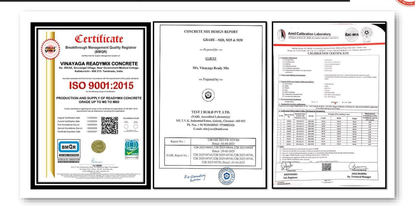 VRMC ISO 9001:2015 Certificate, Concrete Mix Design Report and Aimil Calibration Certificate